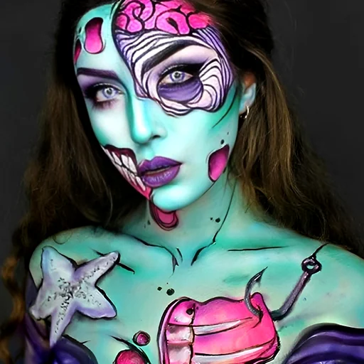 Intricate teal, purple and pink surreal face paint with bold eyeliner and neck extension