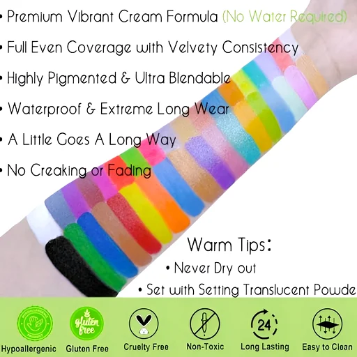 Wrist with colorful, pigmented face paint stripes showing creamy, long-lasting wear