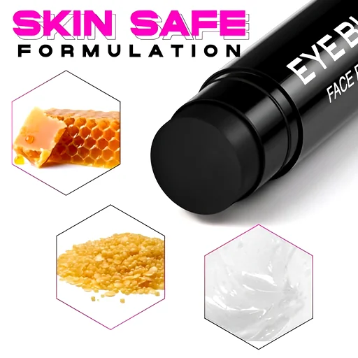 Cylindrical product labeled EYEBLIN with skin-safe formulation icons of honeycomb and cream