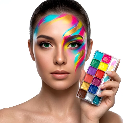 Person with vibrant teal, yellow, pink and purple face painting holding a matching palette; CCbeauty face paint visual