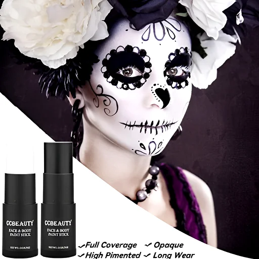 Day of the Dead skull face paint with flowers and high-pigment bottles labeled face paint