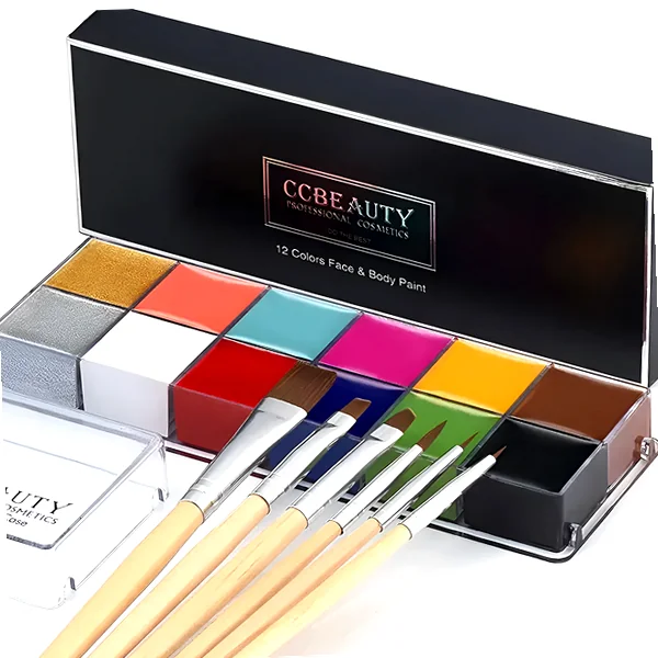 12-color compact face paint kit with brushes for stage makeup